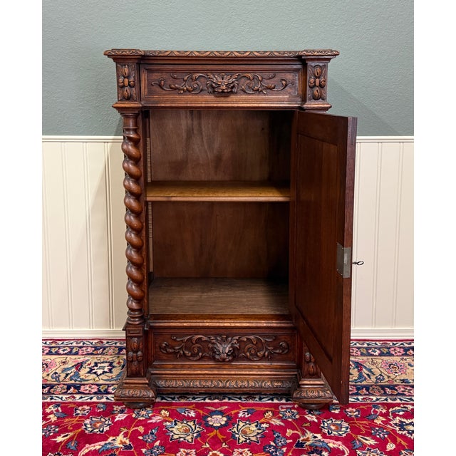 Brown Antique French Renaissance Revival Oak Cabinet Barley Twist Carved Drawers 19thC For Sale - Image 8 of 17