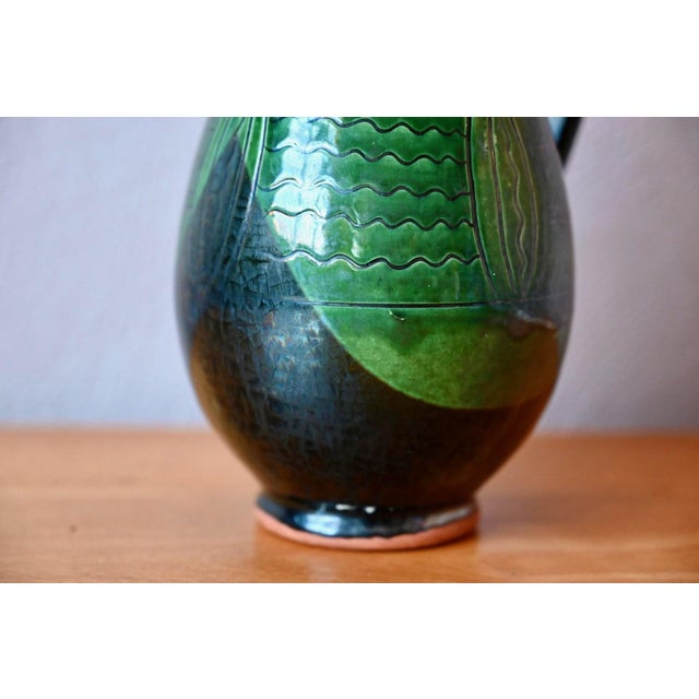 20th Century Bohemian Pitcher in Glazed Terracotta and Deep Green Sgraffito, 1950s For Sale - Image 3 of 9