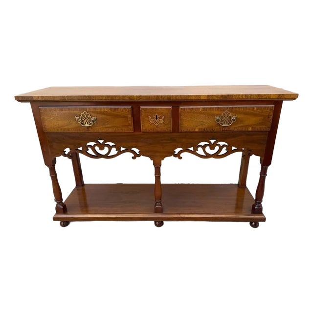 Baker Furniture Georgian Carved 2 Tier Inlaid Walnut Sideboard Buffet or Console Table For Sale