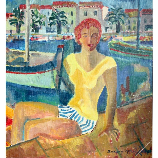 French School Artist, Young Woman at the Port of Sanary, Oil Painting on Canvas, Framed For Sale - Image 4 of 18