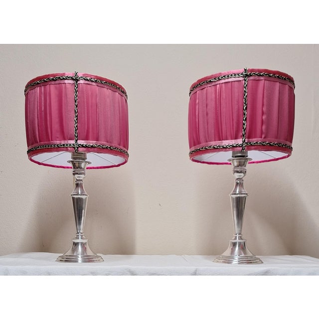 Vintage Table Lamps with Silver-Plated Candlestick Base and Fabric Shade, 1970s, Set of 2 For Sale - Image 4 of 11