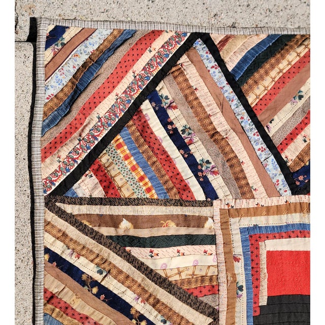 Brown 19Thc Wool Log Cabin Quilt From Pennsylvania For Sale - Image 8 of 9