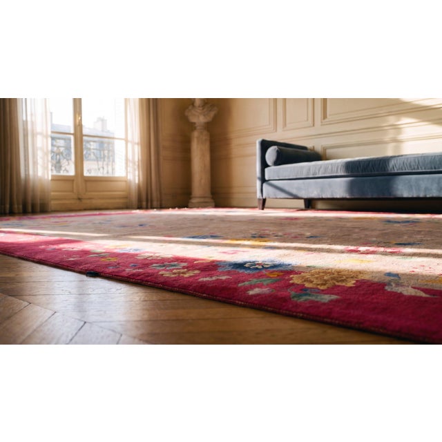 1920s Tan Ecru Floral Antique Chinese Art Deco Rug 8'8' 'X 11'6'' Knotted Wool Carpet For Sale - Image 11 of 12