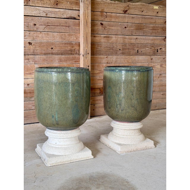 Large Green Drip Glaze Ceramic Planters on Cast Stone Pedestals-Pair For Sale In Naples, FL - Image 6 of 12