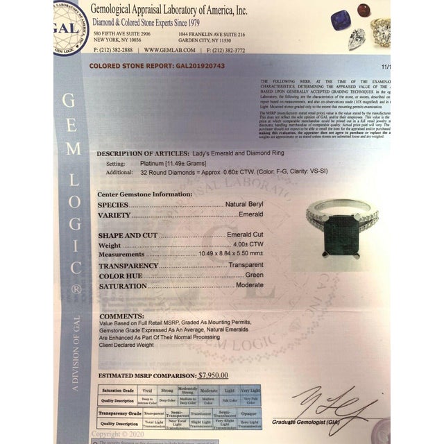 2010s Diamond Emerald Platinum Ring 4.60 TCW Certified, Size 6.5 For Sale - Image 5 of 7