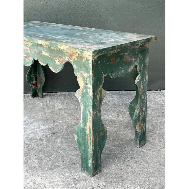Vintage Distressed Scalloped Green Wood Table For Sale - Image 9 of 14