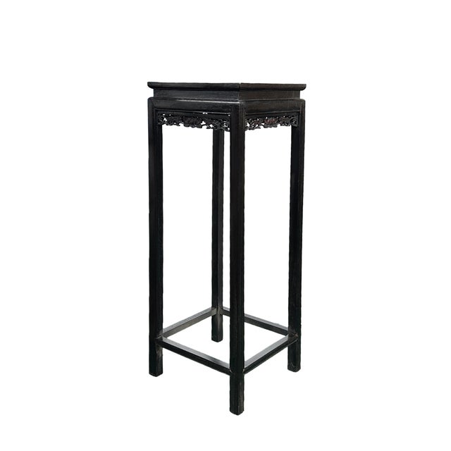 Black Black Square Golden Chinese Engravement Tall Plant Stand Pedestal Table For Sale - Image 8 of 11