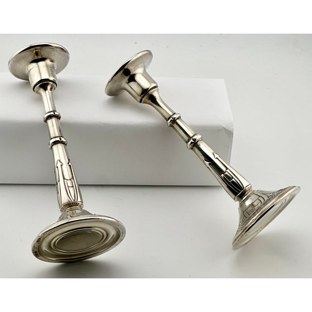 Fine Quality Vintage Mid 1900s Retro Art Deco Sterling Silver Candlesticks by Alvin Silver Company - Matching Pair For Sale - Image 11 of 18
