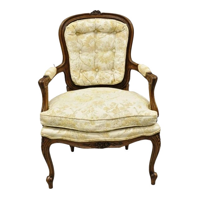 Vintage Heritage French Country Louis XV Style Cane Back Fauteuil Arm Chair For Sale