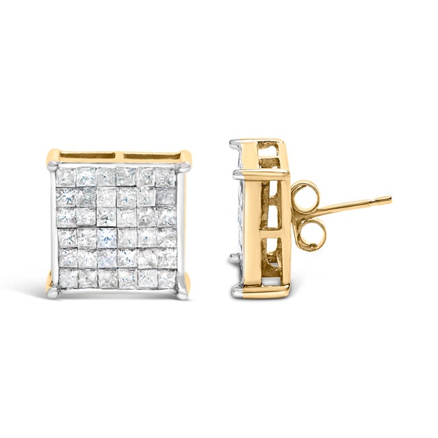 Contemporary 10K Yellow Gold 2.0 Cttw Invisible-Set Princess-Cut Diamond Stud Earrings For Sale - Image 3 of 5