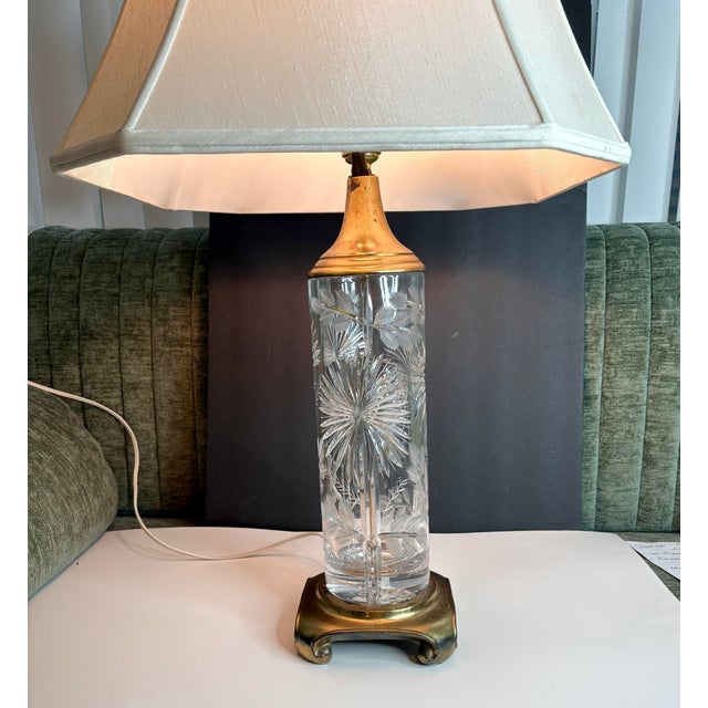Brass Mid-20th Century Signed Dresden German Cut Crystal & Brass Hollywood Regency Table Lamp For Sale - Image 8 of 12