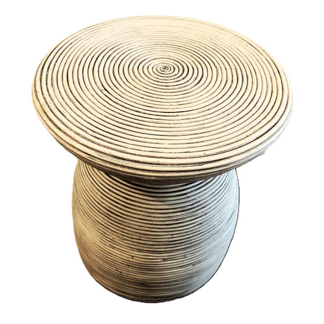 Attributed Palecek Hewitt Coastal Beach Whitewashed Pencil Pole Rattan Round Side Table 21 inches high x 17.75 inches wide...