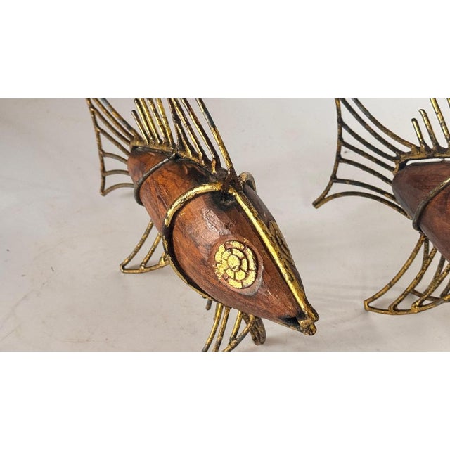 Mid-Century French Fish Sculptures in Wood and Gilded Metal, 1970s, Set of 2 For Sale - Image 9 of 14
