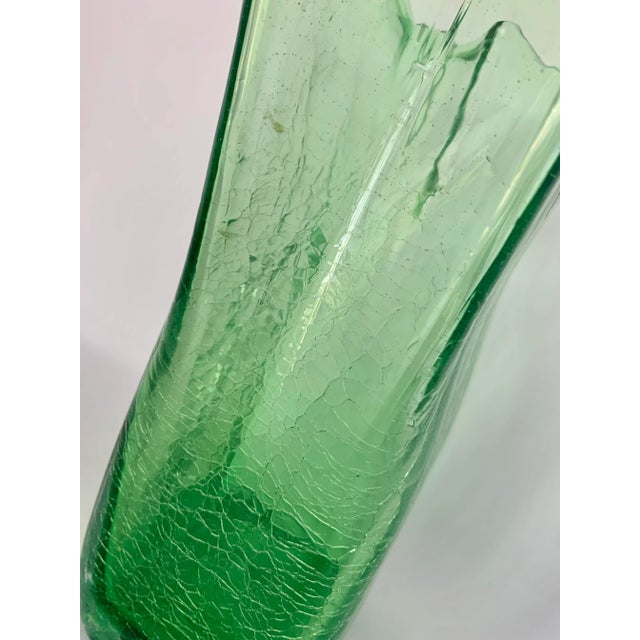 Blenko 2009 Blenko Antique Green Paper Bag Blown Art Crackle Glass Vase Mid-Century Modern Style For Sale - Image 4 of 12