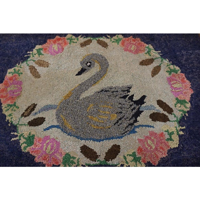 1930s Ivory Swimming Swan Antique American Hooked Rug 2'1" X 3'3" Handknotted Wool Carpet For Sale - Image 4 of 6