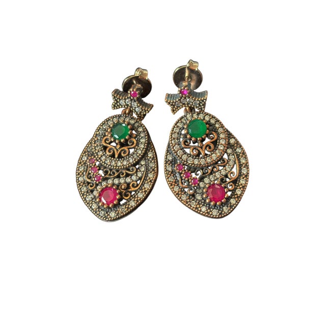 Metal Vintage Natural Ruby, Emerald and Diamond Earrings- 925 Sterling Silver For Sale - Image 7 of 10