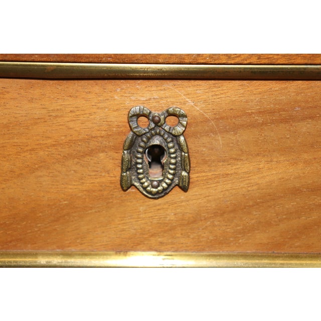 French French Faded Mahogany Louis XVI Style Brass Trimmed Marble Top Commode c.1950 For Sale - Image 3 of 9