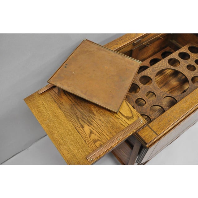 Antique Arts & Crafts Oak Wood Rolling Bar Cart Liquor Cabinet by Lammert's For Sale - Image 15 of 18