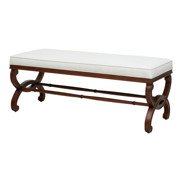 Bunny Williams Home Charlottesville Bench in Mahogany with Cream Linen Upholstery For Sale