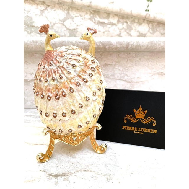 Art Deco Pierre Lorren Handmade Faberge Egg Style Trinket Peacock Couple Fabergé Egg Style Austrian Crystal Diamond Pure Gold Deco Hand Painted For Sale - Image 3 of 16