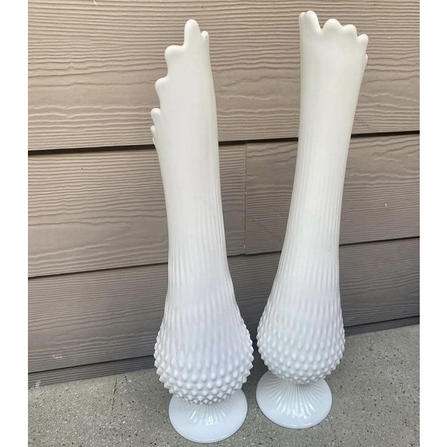 Fenton Art Glass Company Vintage MCM Fenton Milk Glass White Swung Stretch Vase -Set of 2 For Sale - Image 4 of 7
