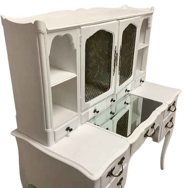 French Country Vintage Vanity or Desk French Country Painted White Wire Doors Mirrored Top Multiple Drawers Wallpapered Interior Top For Sale - Image 3 of 12
