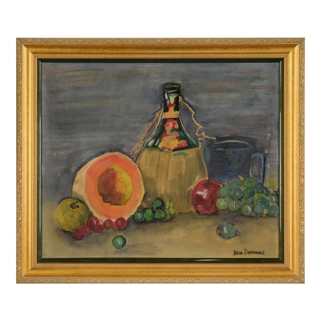 Still Life With Cantaloupe and Chianti Bottle Original Oil on Canvas by Ben Dominguez For Sale