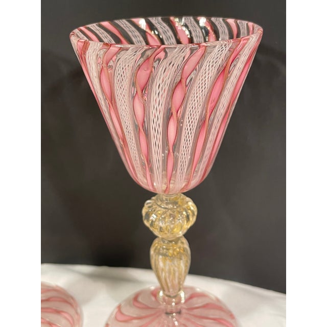 Set of 2 Zanfirico Salviati Murano Style Pink Ribbon Glass Gold Dust Wine Glasses For Sale - Image 6 of 7