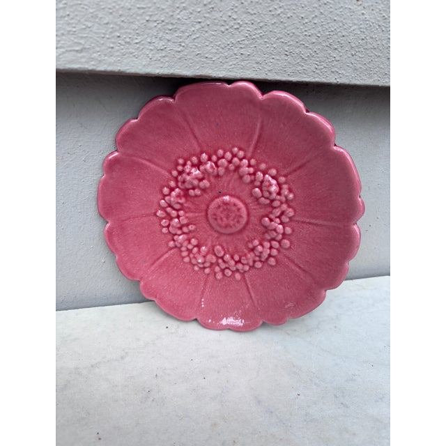 Mid-Century French Majolica Pink Wild Rose Flower Plate signed Maunier Vallauris.