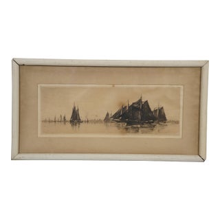 Antique 1889 Charles Mielatz Nautical Sail Boats Drying Their Wings Etching 19", Framed For Sale