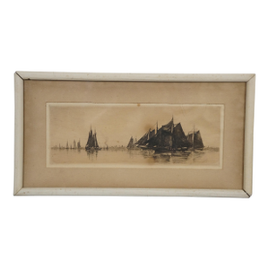 Antique 1889 Charles Mielatz Nautical Sail Boats Drying Their Wings Etching 19", Framed