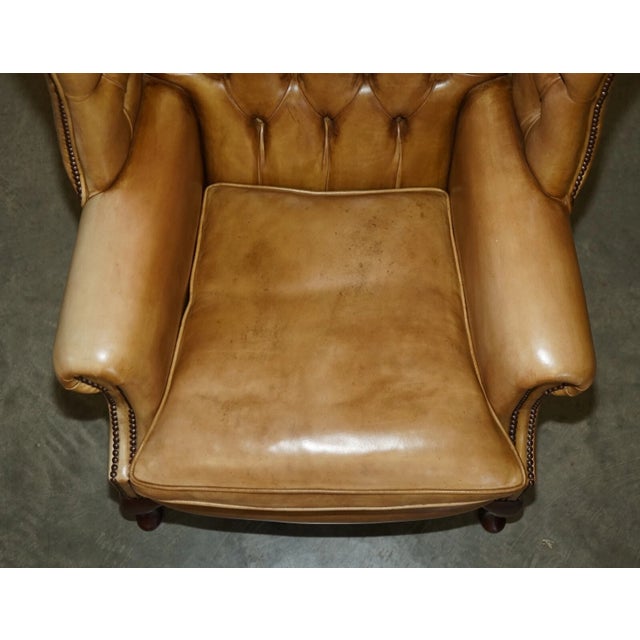 Tan Pair of Vintage Tan Brown Leather Chesterfield Wingback Chairs With Footstools For Sale - Image 8 of 18