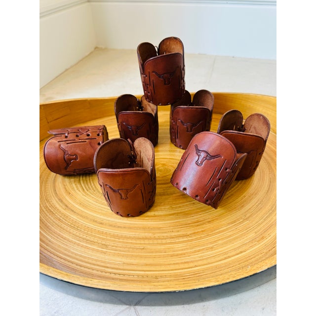 Vintage Western Style Leather Sleeves for Drinks Glasses/ Bottles Featuring Steers -Set of 7 For Sale - Image 12 of 17