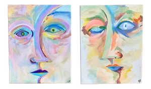 Original Abstract Faces Contemporary Paintings by Lee Ten Hoeve - a Pair
