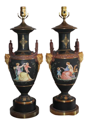 Antique Black Basalt "Urn" Lamps - a Pair