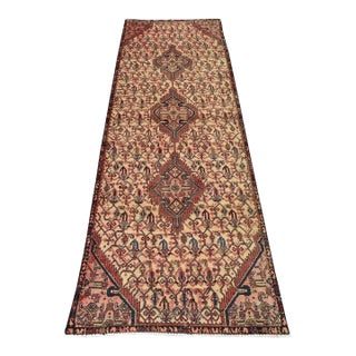 Hamedan Runner 3’3” X 8’11” Ivory Wool Vintage Tribal Hand-Knotted Carpet For Sale