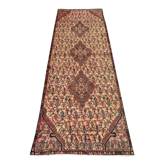 Hamedan Runner 3’3” X 8’11” Ivory Wool Vintage Tribal Hand-Knotted Carpet For Sale