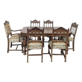 Antique Carved Wood Dining Set With 6 Upholstered Chairs and Rectangular Table For Sale