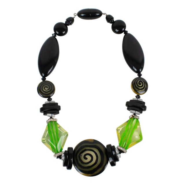 Angela Caputi Black and Green Resin Beaded Choker Necklace For Sale