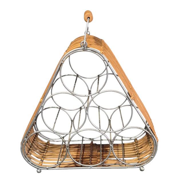 Wood Vintage Triangle Mid-Century Modern Bamboo & Metal 6 Bottle Wine Rack For Sale - Image 7 of 7