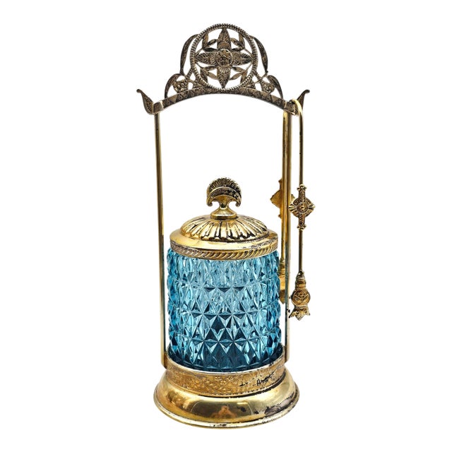 Vintage Aesthetic Daisy Button Blue Glass Pickle Castor Gp Original Tongs 11" For Sale