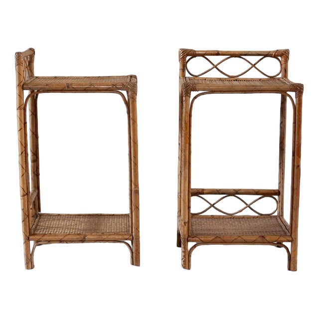 Bamboo and Rush Fabric Side Tables, 1970s, Set of 2 For Sale