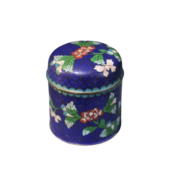 Metal Vintage Asian Cobalt Blue Floral Cloisonné Covered Jar For Sale - Image 7 of 7