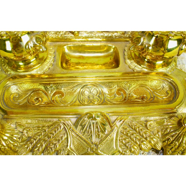 Metal Antique Large Early 20th Century Inkwell Polished Solid Brass Ornamental Renaissance Style Dual Inkwell For Sale - Image 7 of 10