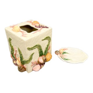 Vintage Fitz & Floyd Oceana Seashell Ceramic Tissue Box Cover & Soap Dish – Coastal / Palm Beach For Sale