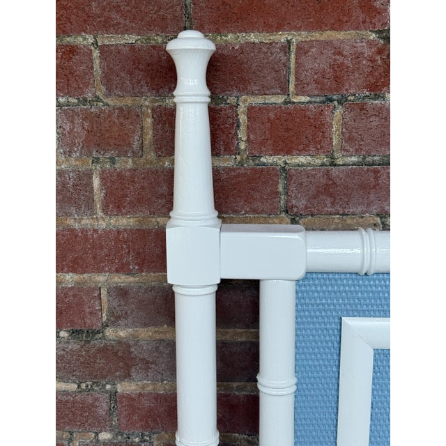 White Chic Vintage Palm Beach Regency Faux Bamboo King Size Headboard With Greek Key Motif - Newly Painted French Blue and White For Sale - Image 8 of 11