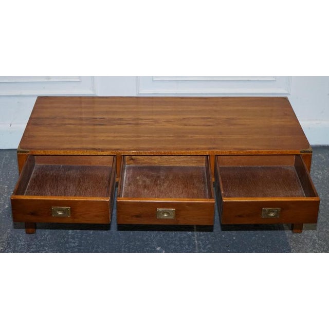 Gold Vintage Military Campaign Yew Wood and Brass 3 Drawer Coffee Table For Sale - Image 8 of 14