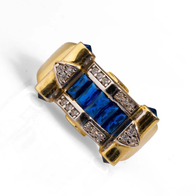 Stylish Sapphire & Diamond Gold Statement Adjustable Ring, Size 5 For Sale - Image 4 of 9