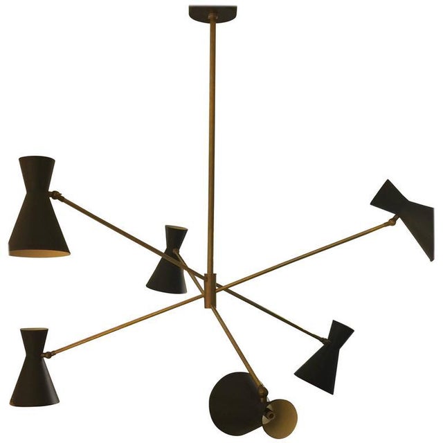 Bespoke Six-arm brass fixture with adjustable shades in the Stilnovo style.