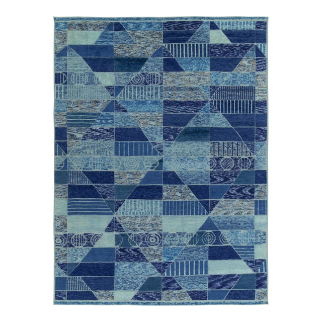 Scandinavian pile rug in Blue & Beige Geometric Pattern by Rug & Kilim - 10x14 For Sale
